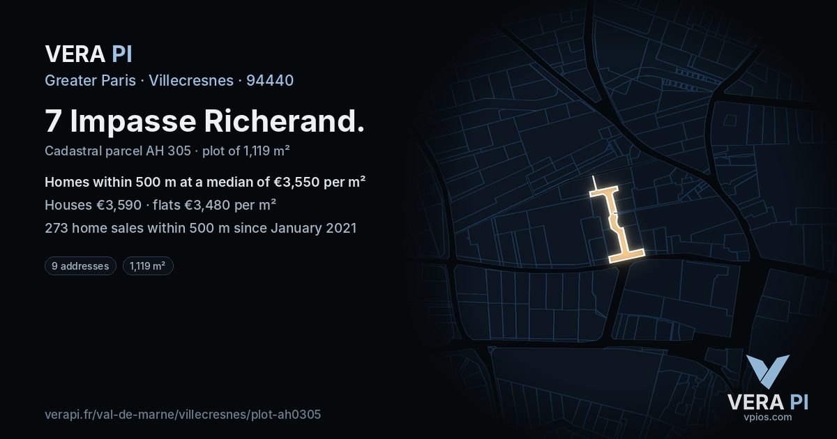 7 Impasse Richerand, Villecresnes at night – the plot lit, the parcels around coloured by the prices near them