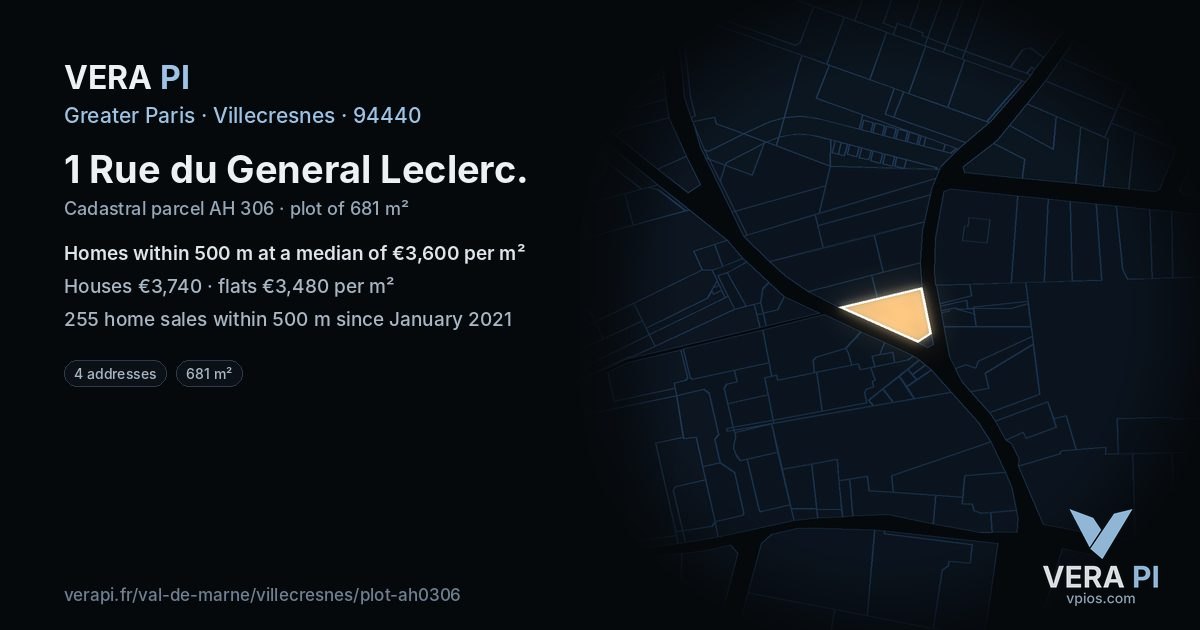 1 Rue du General Leclerc, Villecresnes at night – the plot lit, the parcels around coloured by the prices near them