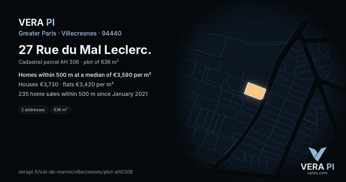 27 Rue du Mal Leclerc, Villecresnes at night – the plot lit, the parcels around coloured by the prices near them