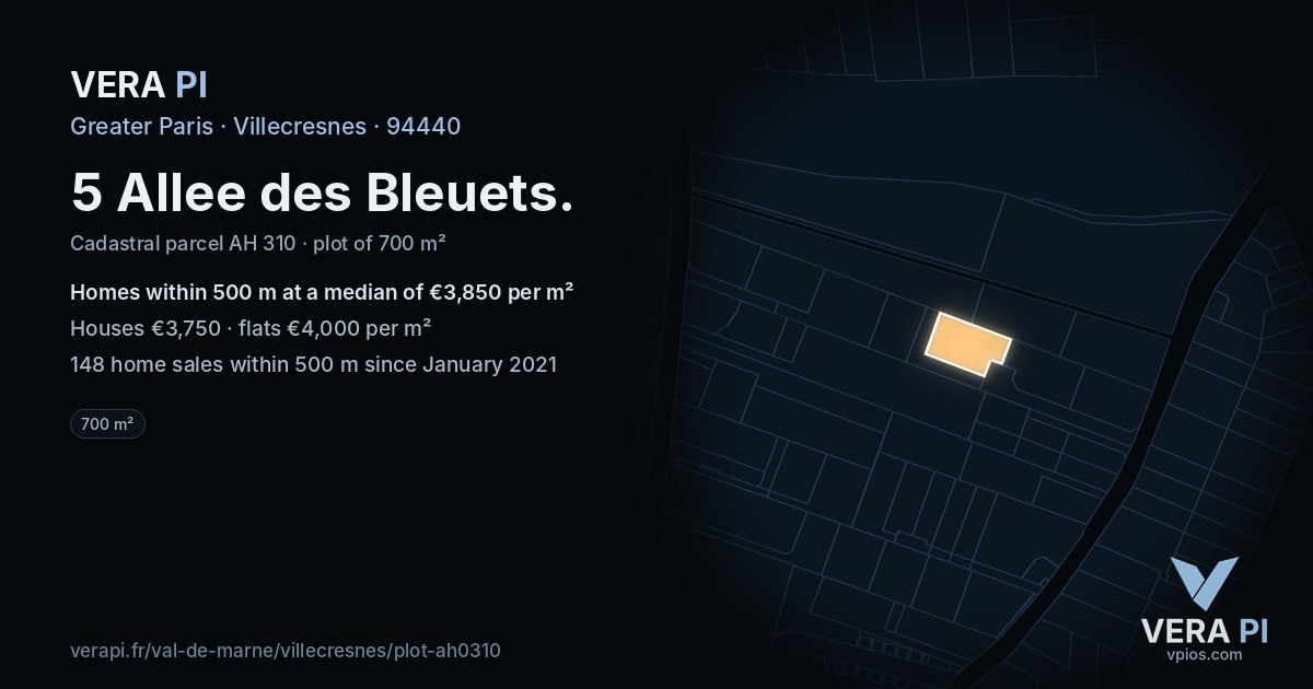 5 Allee des Bleuets, Villecresnes at night – the plot lit, the parcels around coloured by the prices near them