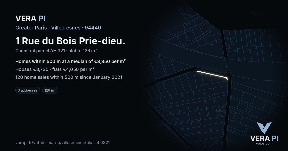 1 Rue du Bois Prie-dieu, Villecresnes at night – the plot lit, the parcels around coloured by the prices near them