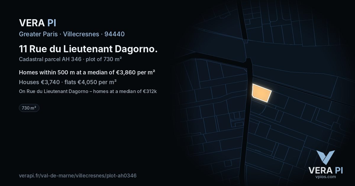 11 Rue du Lieutenant Dagorno, Villecresnes at night – the plot lit, the parcels around coloured by the prices near them