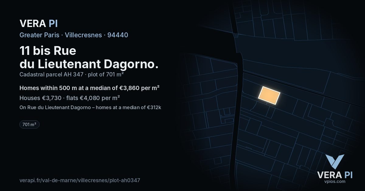 11 bis Rue du Lieutenant Dagorno, Villecresnes at night – the plot lit, the parcels around coloured by the prices near them