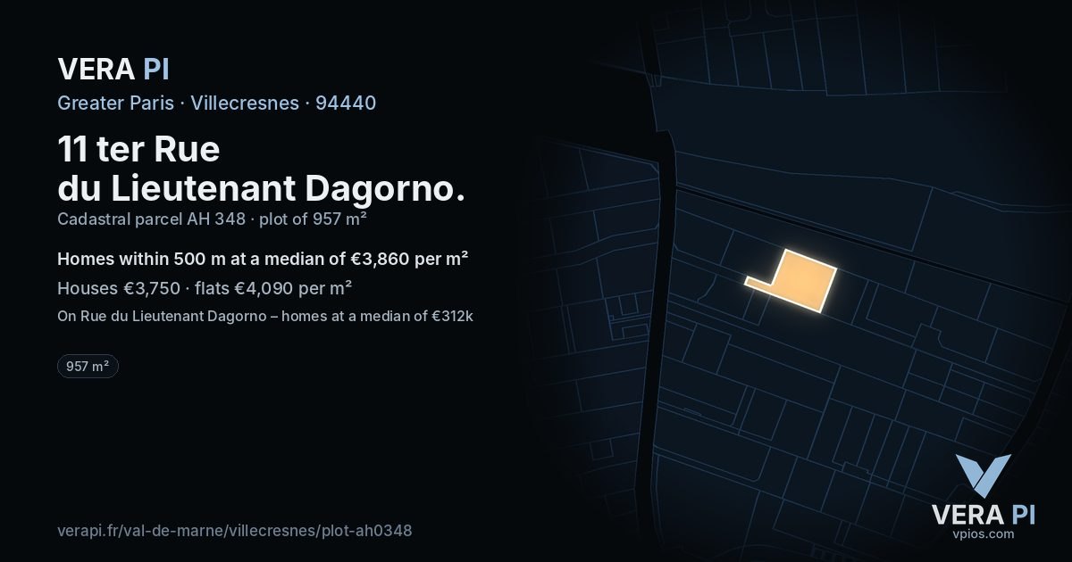 11 ter Rue du Lieutenant Dagorno, Villecresnes at night – the plot lit, the parcels around coloured by the prices near them