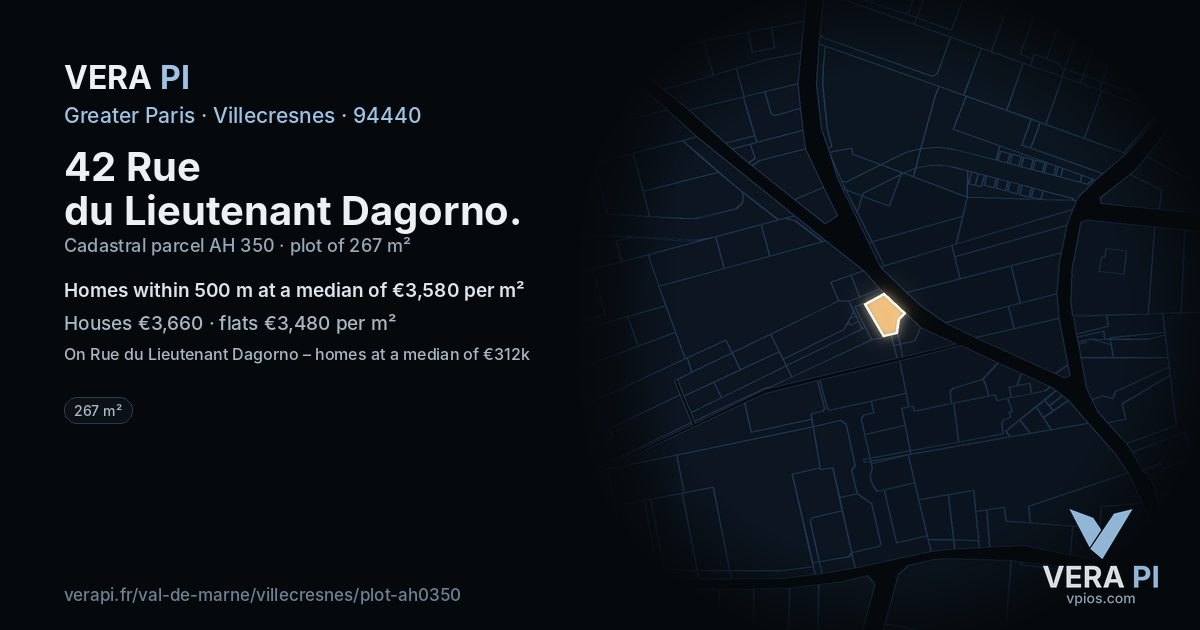 42 Rue du Lieutenant Dagorno, Villecresnes at night – the plot lit, the parcels around coloured by the prices near them