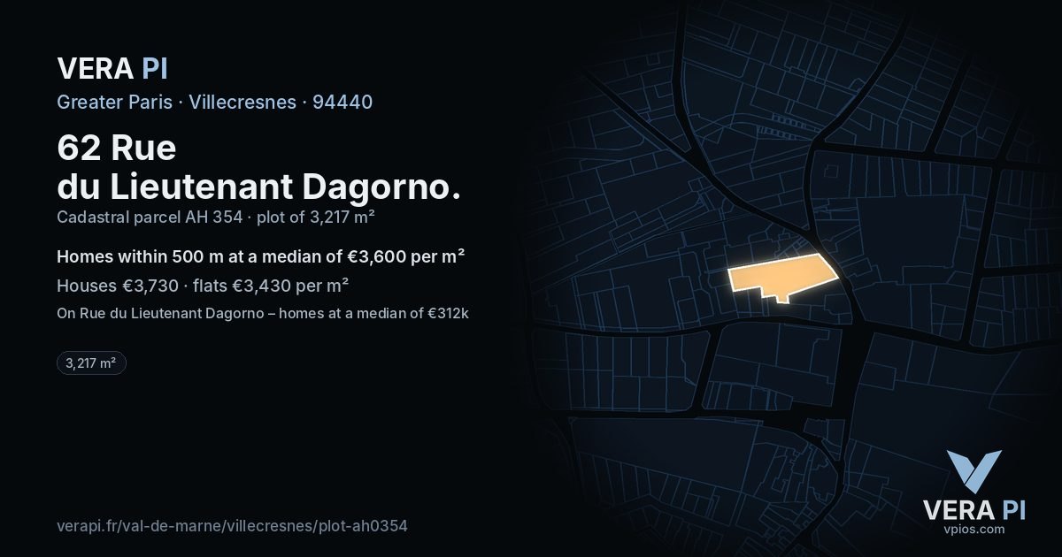 62 Rue du Lieutenant Dagorno, Villecresnes at night – the plot lit, the parcels around coloured by the prices near them