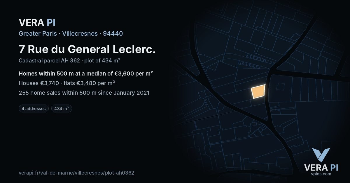 7 Rue du General Leclerc, Villecresnes at night – the plot lit, the parcels around coloured by the prices near them
