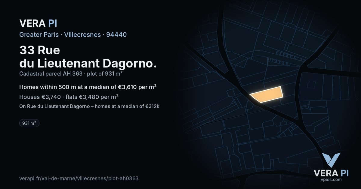 33 Rue du Lieutenant Dagorno, Villecresnes at night – the plot lit, the parcels around coloured by the prices near them
