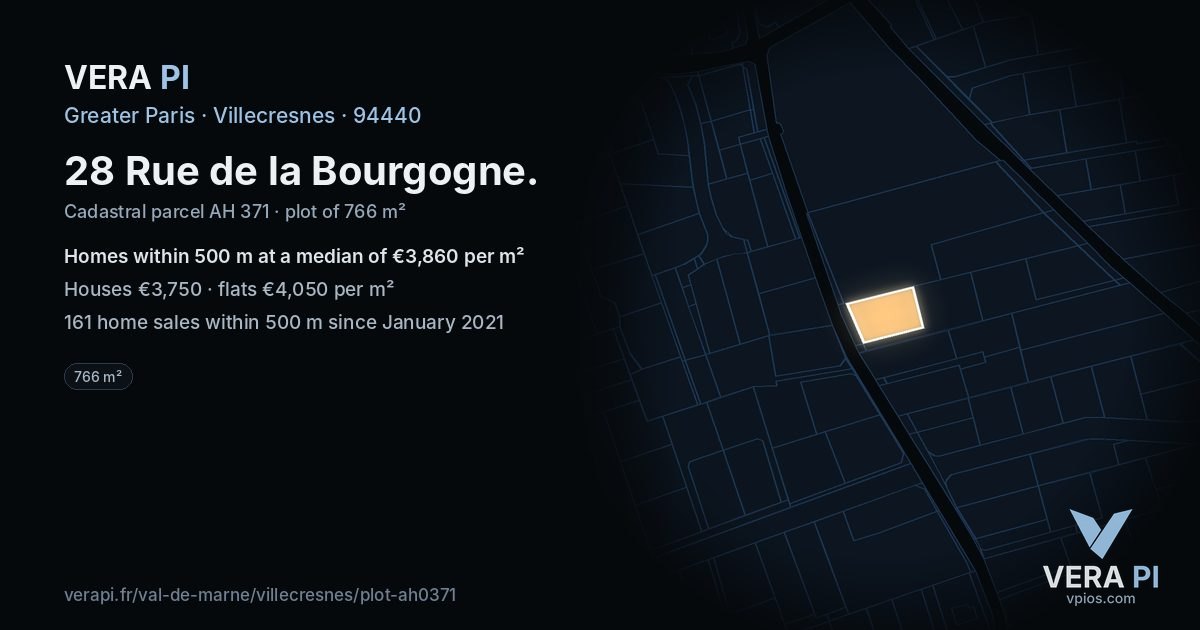 28 Rue de la Bourgogne, Villecresnes at night – the plot lit, the parcels around coloured by the prices near them