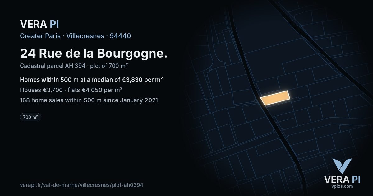 24 Rue de la Bourgogne, Villecresnes at night – the plot lit, the parcels around coloured by the prices near them