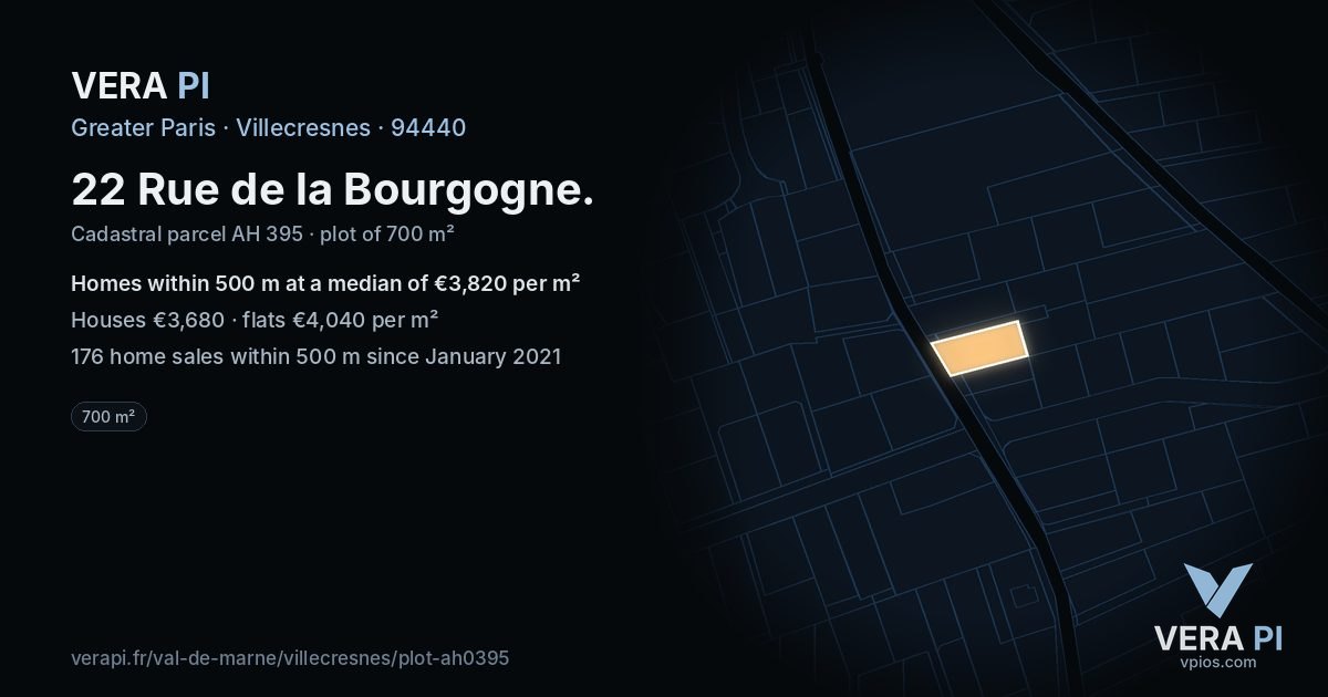 22 Rue de la Bourgogne, Villecresnes at night – the plot lit, the parcels around coloured by the prices near them