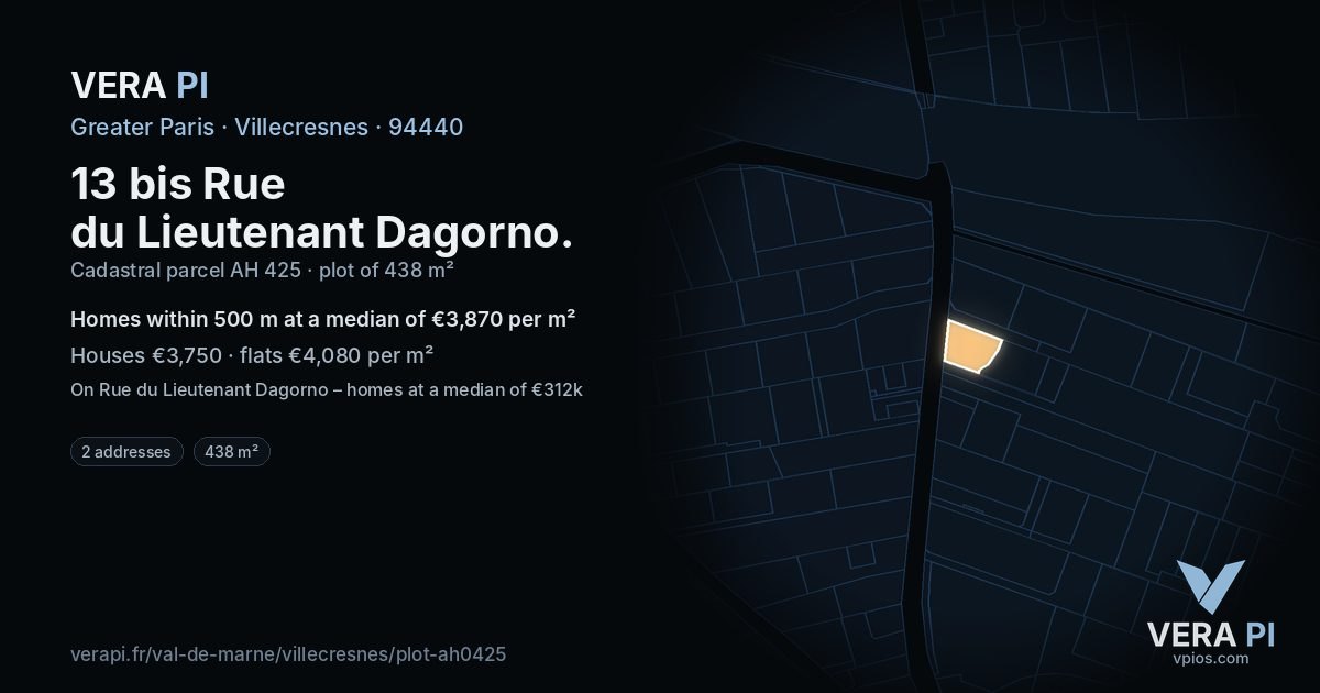 13 bis Rue du Lieutenant Dagorno, Villecresnes at night – the plot lit, the parcels around coloured by the prices near them