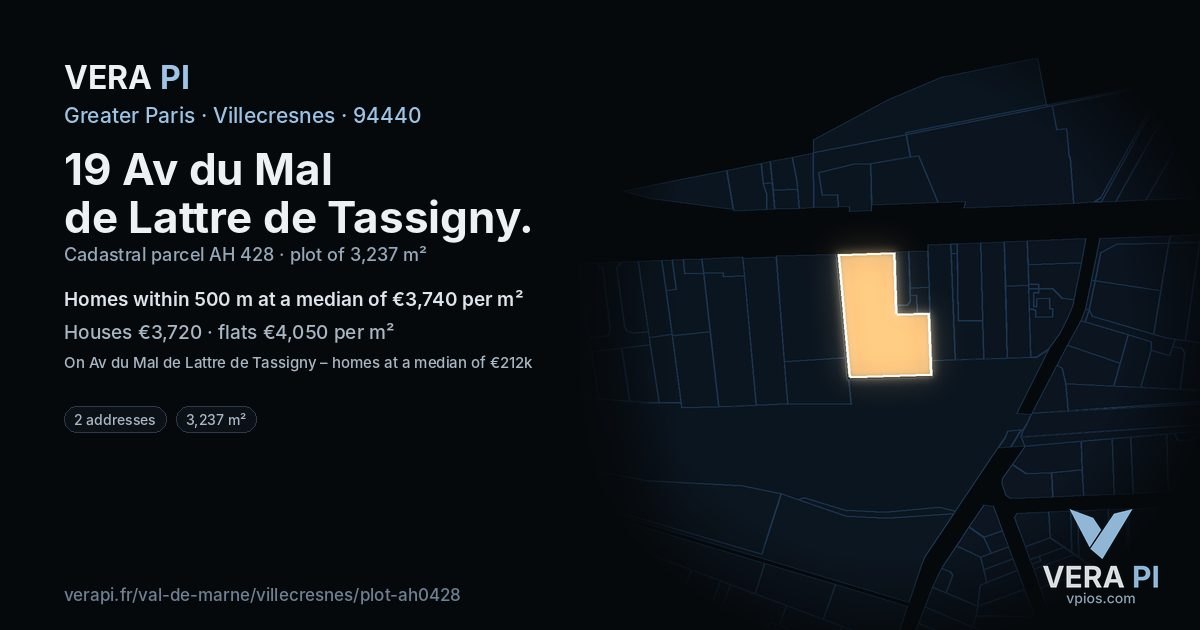 19 Av du Mal de Lattre de Tassigny, Villecresnes at night – the plot lit, the parcels around coloured by the prices near them