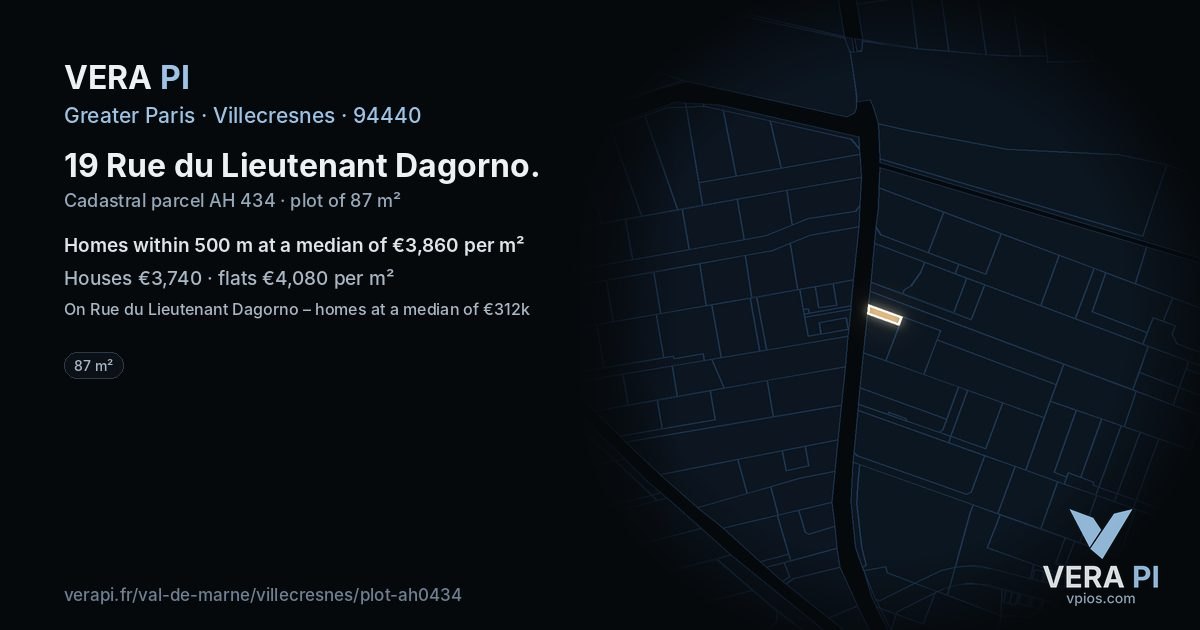19 Rue du Lieutenant Dagorno, Villecresnes at night – the plot lit, the parcels around coloured by the prices near them
