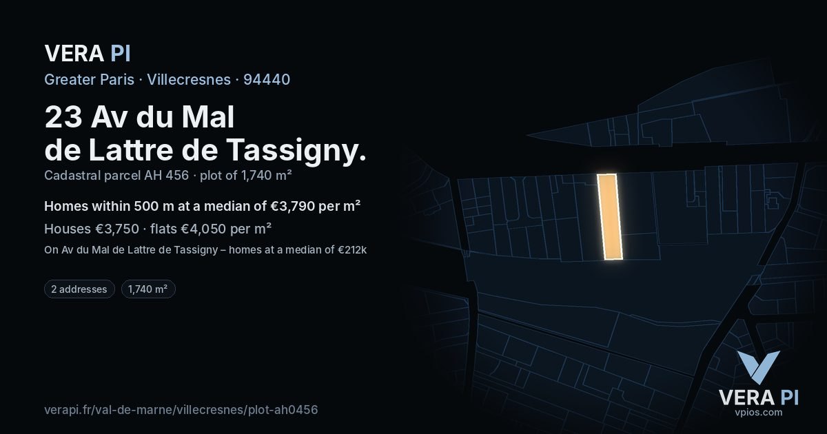 23 Av du Mal de Lattre de Tassigny, Villecresnes at night – the plot lit, the parcels around coloured by the prices near them