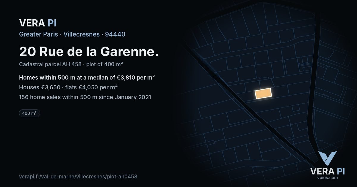 20 Rue de la Garenne, Villecresnes at night – the plot lit, the parcels around coloured by the prices near them