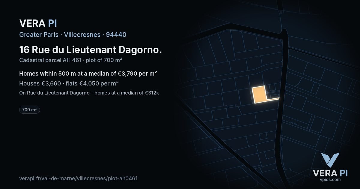16 Rue du Lieutenant Dagorno, Villecresnes at night – the plot lit, the parcels around coloured by the prices near them