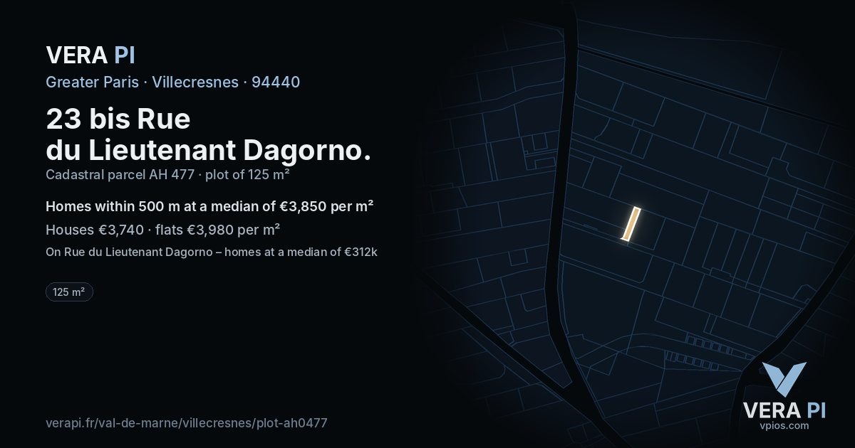 23 bis Rue du Lieutenant Dagorno, Villecresnes at night – the plot lit, the parcels around coloured by the prices near them