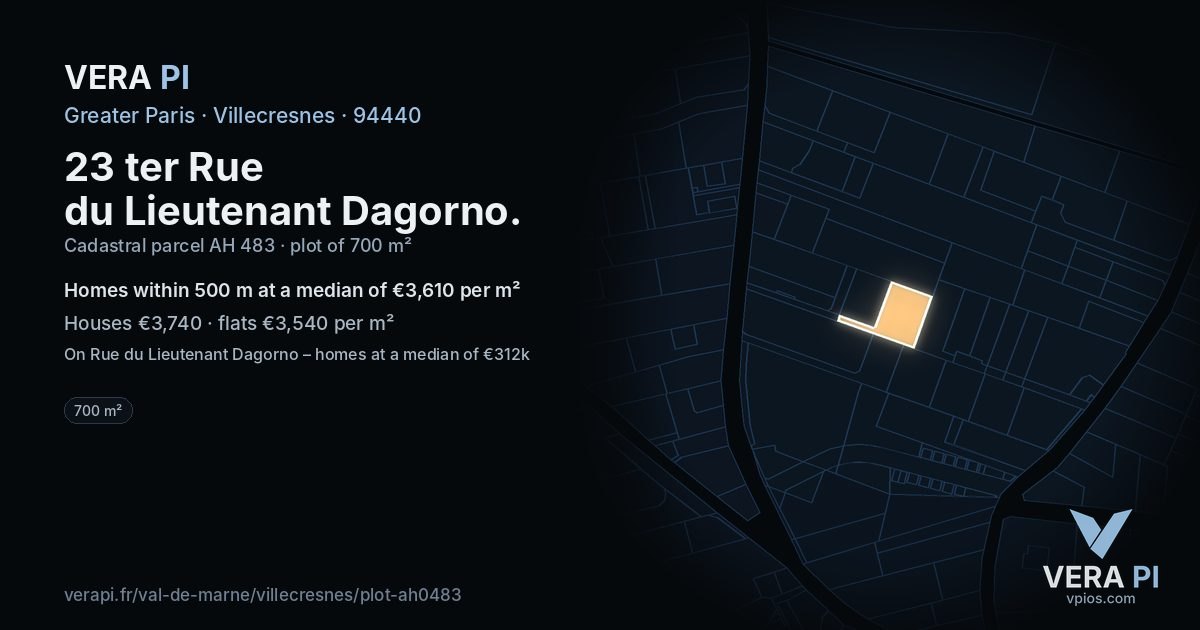 23 ter Rue du Lieutenant Dagorno, Villecresnes at night – the plot lit, the parcels around coloured by the prices near them