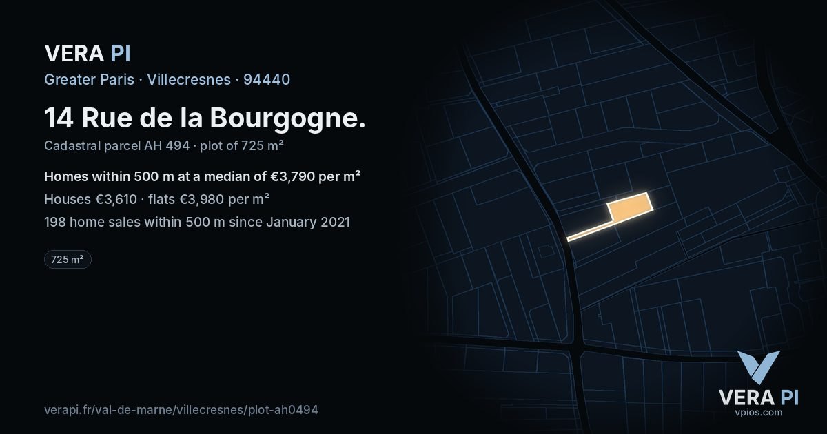 14 Rue de la Bourgogne, Villecresnes at night – the plot lit, the parcels around coloured by the prices near them