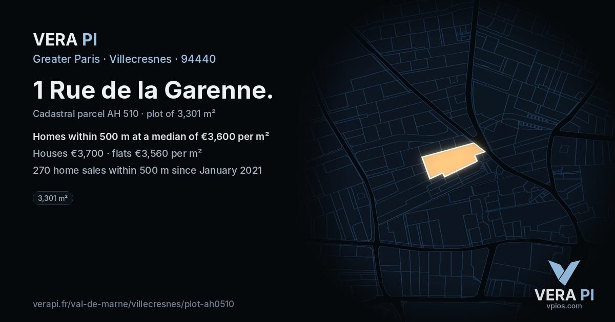1 Rue de la Garenne, Villecresnes at night – the plot lit, the parcels around coloured by the prices near them