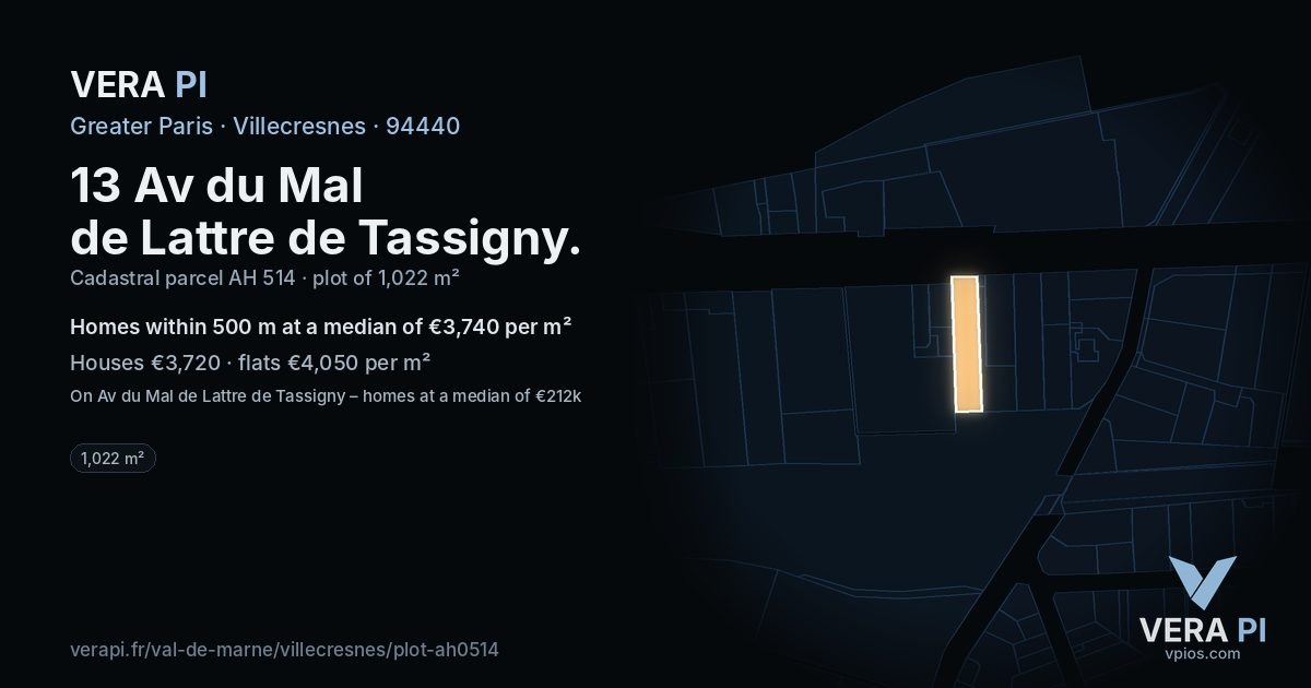 13 Av du Mal de Lattre de Tassigny, Villecresnes at night – the plot lit, the parcels around coloured by the prices near them