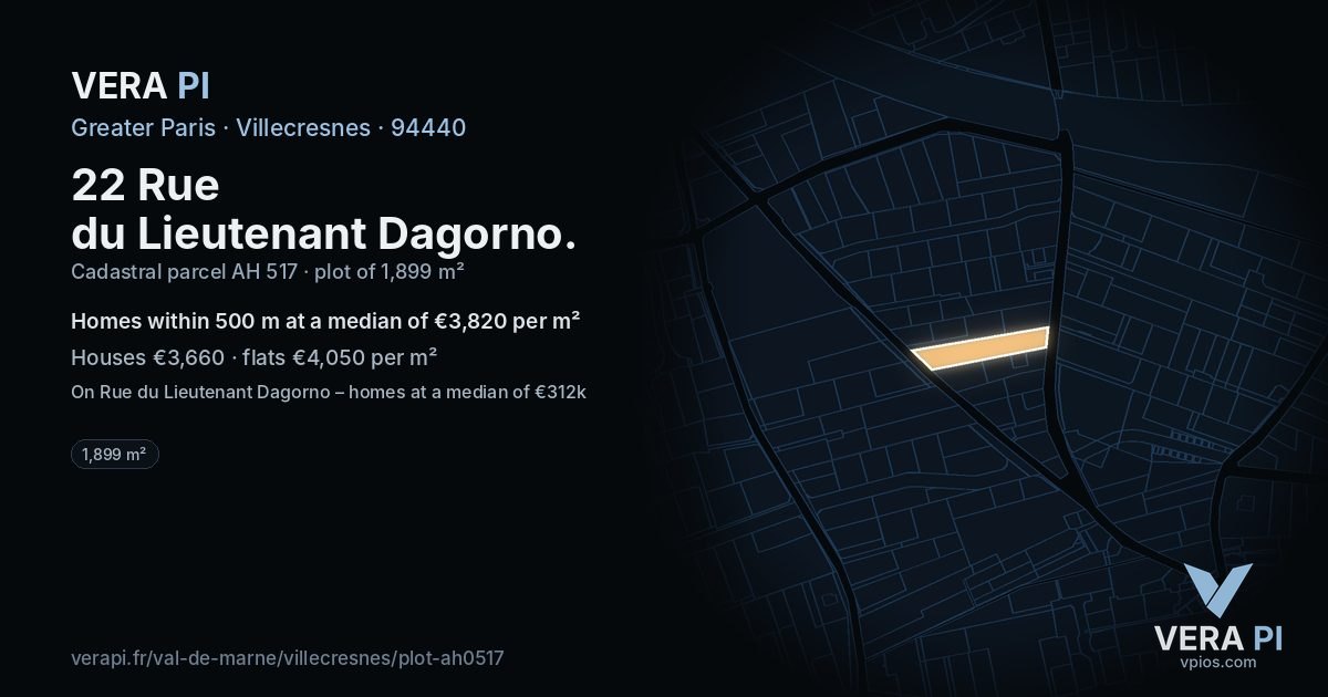22 Rue du Lieutenant Dagorno, Villecresnes at night – the plot lit, the parcels around coloured by the prices near them