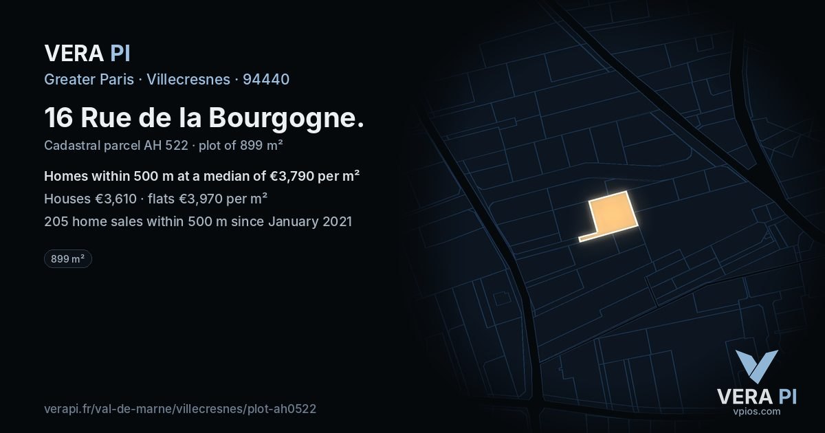 16 Rue de la Bourgogne, Villecresnes at night – the plot lit, the parcels around coloured by the prices near them