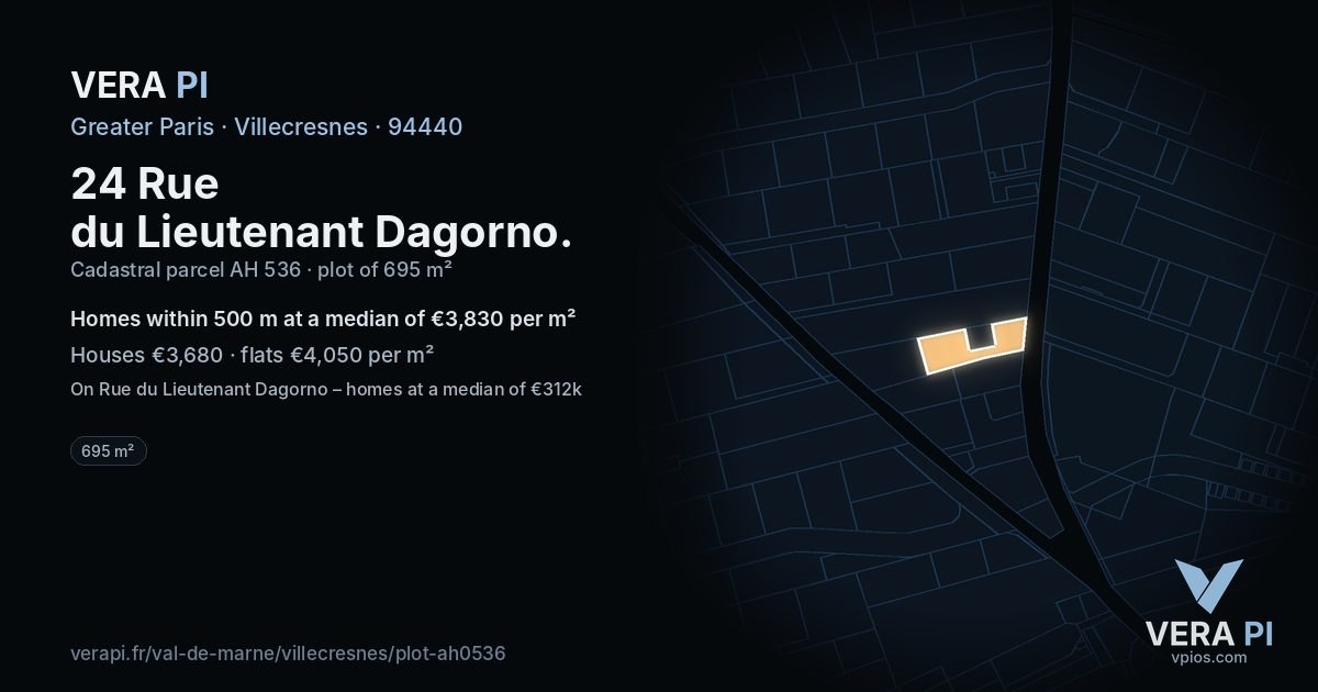 24 Rue du Lieutenant Dagorno, Villecresnes at night – the plot lit, the parcels around coloured by the prices near them