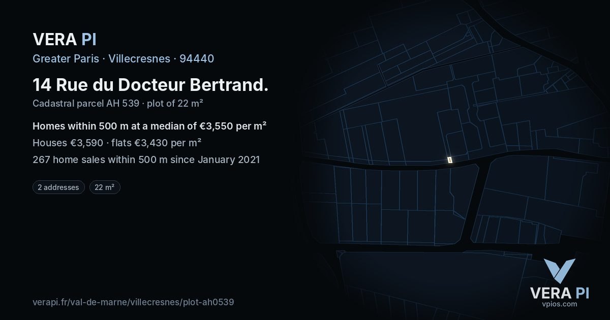 14 Rue du Docteur Bertrand, Villecresnes at night – the plot lit, the parcels around coloured by the prices near them