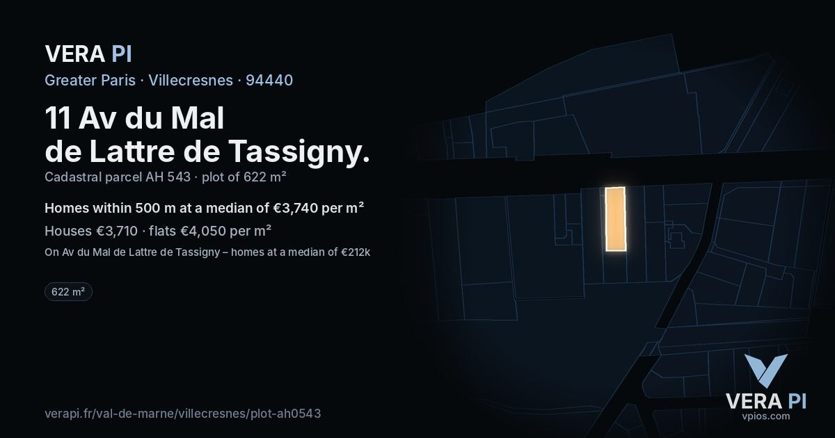 11 Av du Mal de Lattre de Tassigny, Villecresnes at night – the plot lit, the parcels around coloured by the prices near them