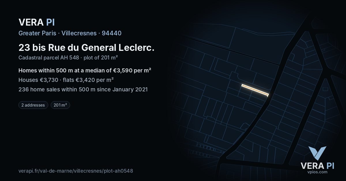 23 bis Rue du General Leclerc, Villecresnes at night – the plot lit, the parcels around coloured by the prices near them