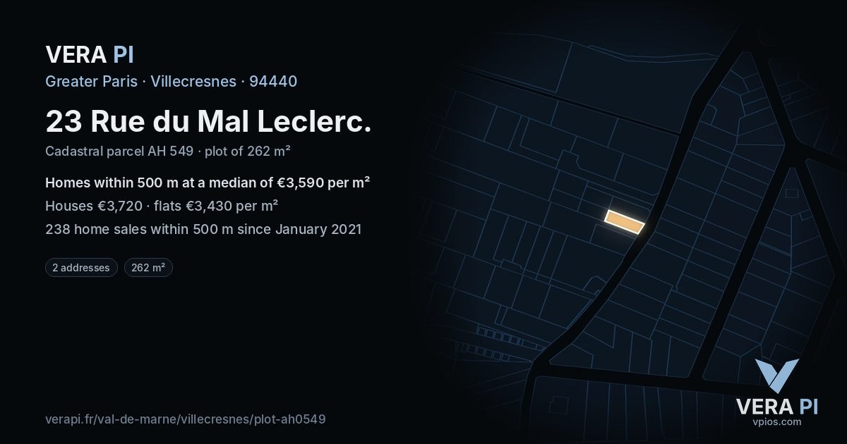 23 Rue du Mal Leclerc, Villecresnes at night – the plot lit, the parcels around coloured by the prices near them