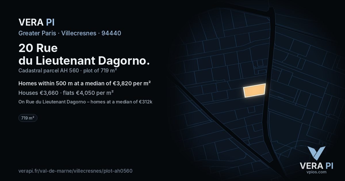 20 Rue du Lieutenant Dagorno, Villecresnes at night – the plot lit, the parcels around coloured by the prices near them