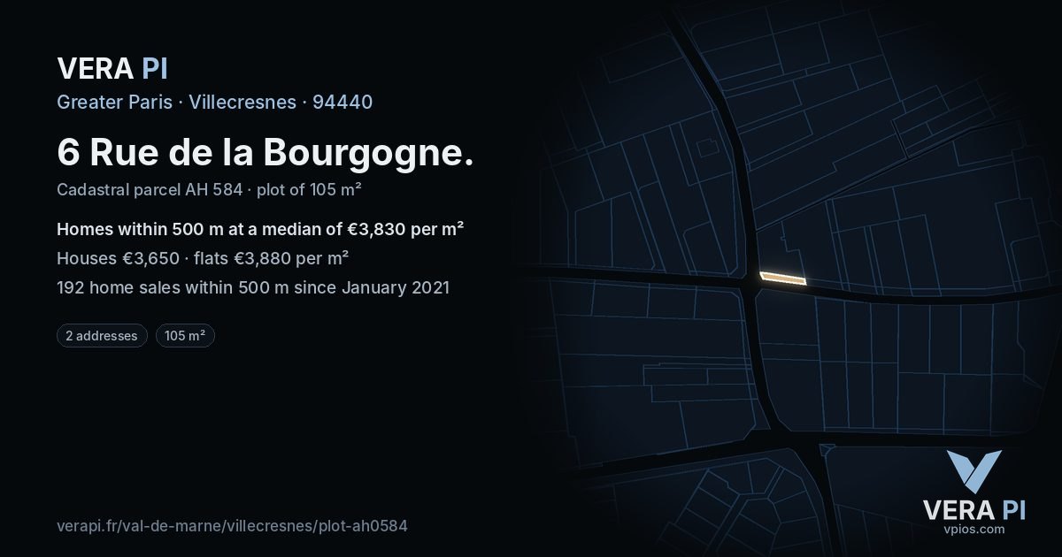 6 Rue de la Bourgogne, Villecresnes at night – the plot lit, the parcels around coloured by the prices near them