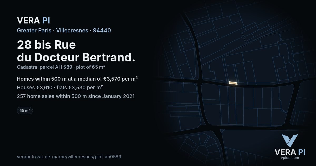 28 bis Rue du Docteur Bertrand, Villecresnes at night – the plot lit, the parcels around coloured by the prices near them
