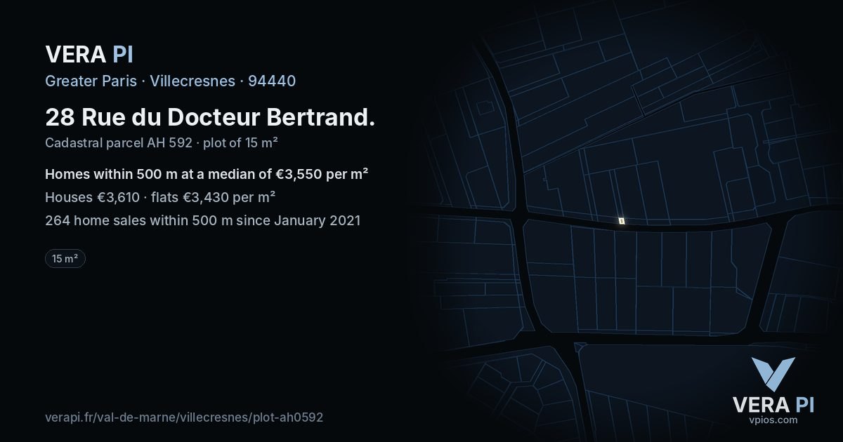 28 Rue du Docteur Bertrand, Villecresnes at night – the plot lit, the parcels around coloured by the prices near them