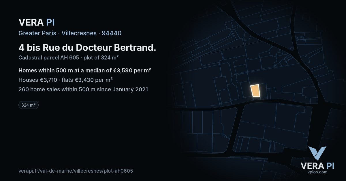 4 bis Rue du Docteur Bertrand, Villecresnes at night – the plot lit, the parcels around coloured by the prices near them