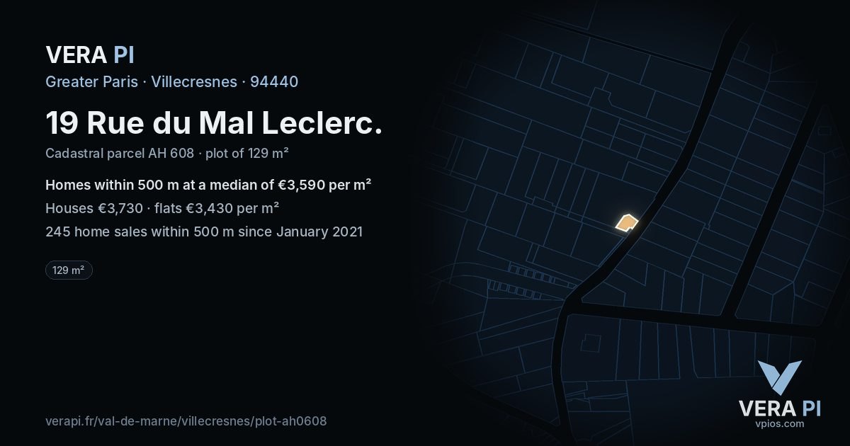 19 Rue du Mal Leclerc, Villecresnes at night – the plot lit, the parcels around coloured by the prices near them