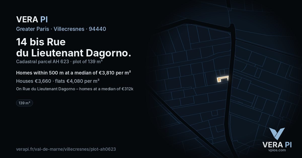 14 bis Rue du Lieutenant Dagorno, Villecresnes at night – the plot lit, the parcels around coloured by the prices near them