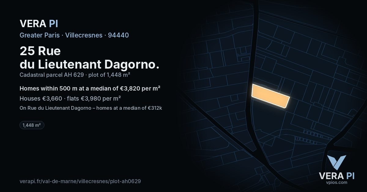 25 Rue du Lieutenant Dagorno, Villecresnes at night – the plot lit, the parcels around coloured by the prices near them