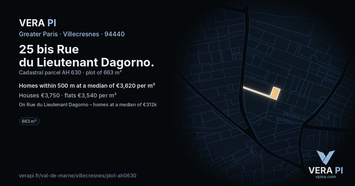 25 bis Rue du Lieutenant Dagorno, Villecresnes at night – the plot lit, the parcels around coloured by the prices near them