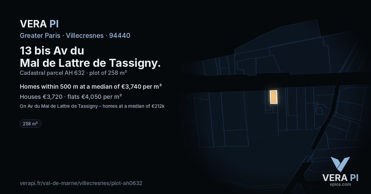 13 bis Av du Mal de Lattre de Tassigny, Villecresnes at night – the plot lit, the parcels around coloured by the prices near them