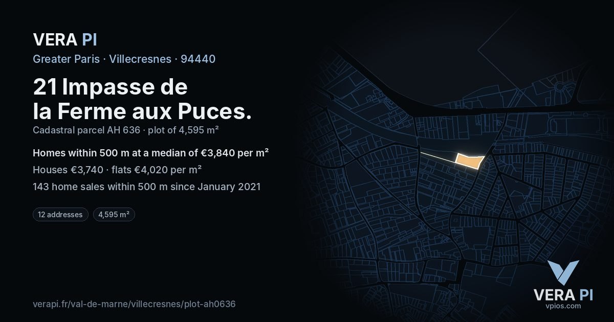 21 Impasse de la Ferme aux Puces, Villecresnes at night – the plot lit, the parcels around coloured by the prices near them
