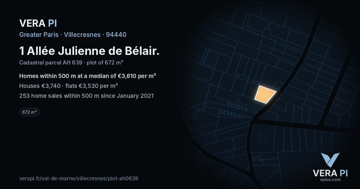 1 Allée Julienne de Bélair, Villecresnes at night – the plot lit, the parcels around coloured by the prices near them