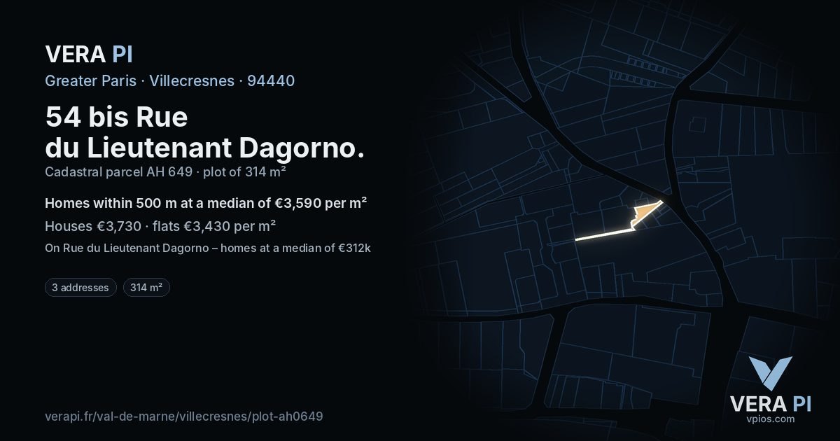 54 bis Rue du Lieutenant Dagorno, Villecresnes at night – the plot lit, the parcels around coloured by the prices near them