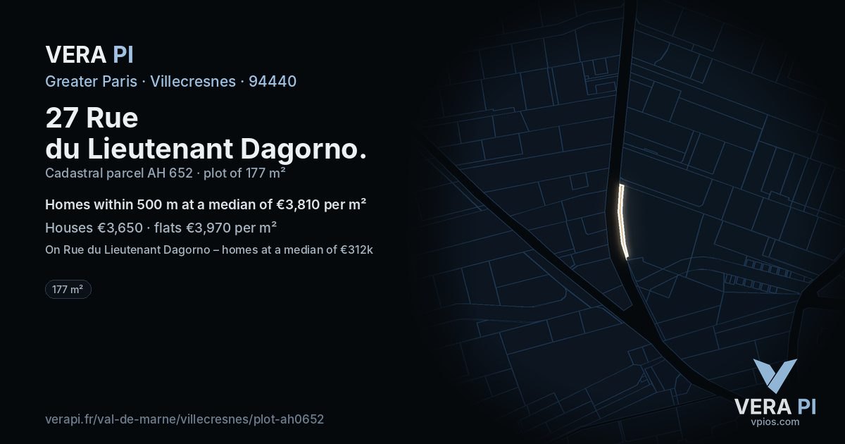 27 Rue du Lieutenant Dagorno, Villecresnes at night – the plot lit, the parcels around coloured by the prices near them