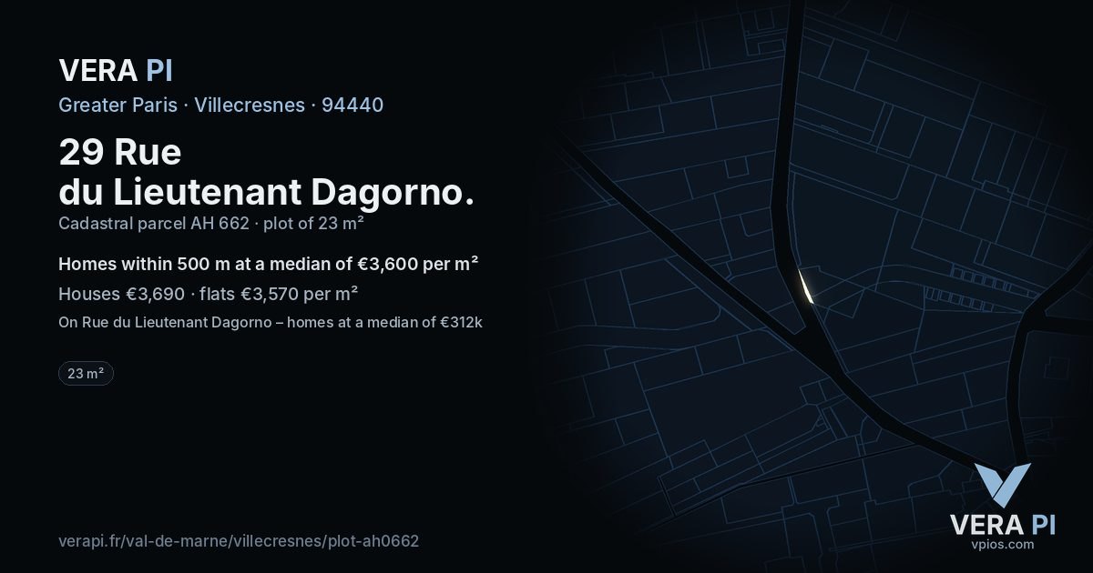 29 Rue du Lieutenant Dagorno, Villecresnes at night – the plot lit, the parcels around coloured by the prices near them