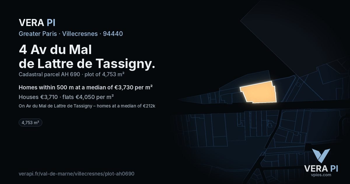4 Av du Mal de Lattre de Tassigny, Villecresnes at night – the plot lit, the parcels around coloured by the prices near them
