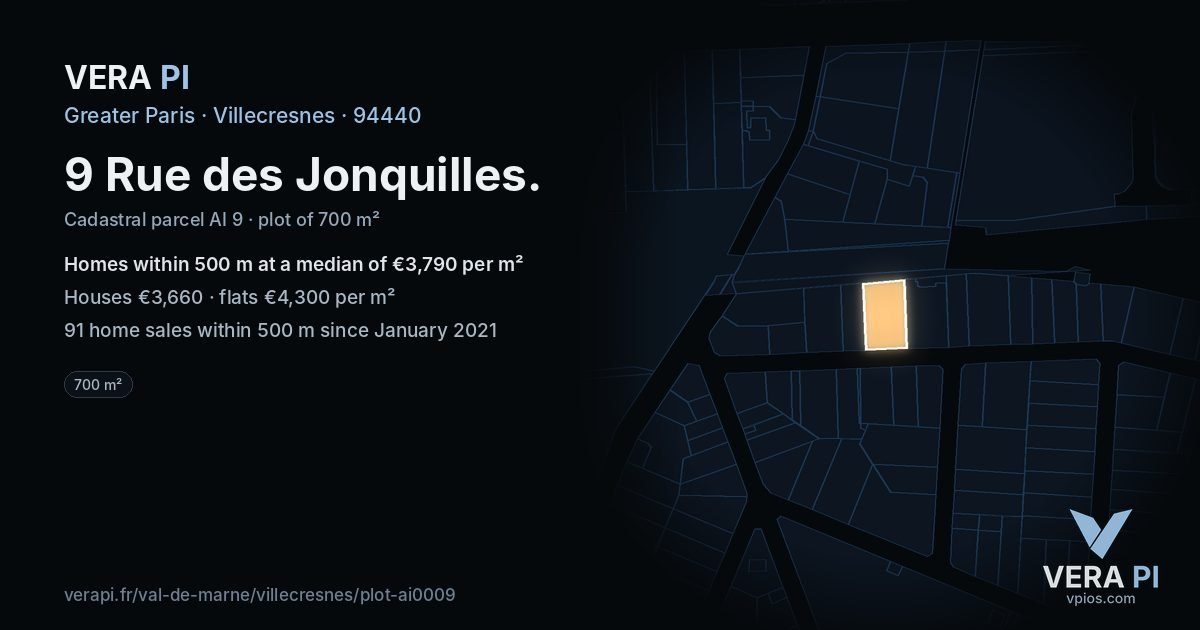 9 Rue des Jonquilles, Villecresnes at night – the plot lit, the parcels around coloured by the prices near them